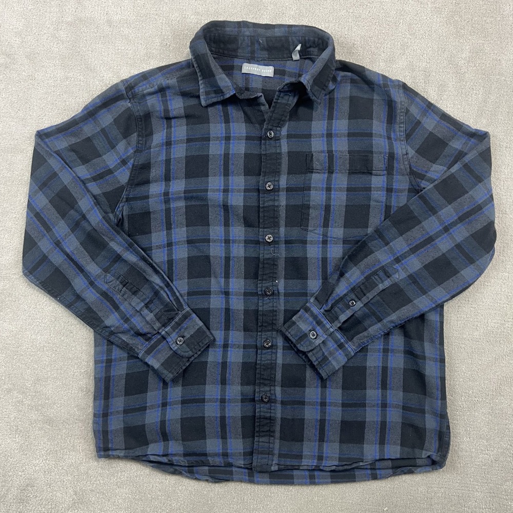 Geoffrey Beene Size M Flannel Shirt Blue Black Plaid Grunge Workwear Button Down